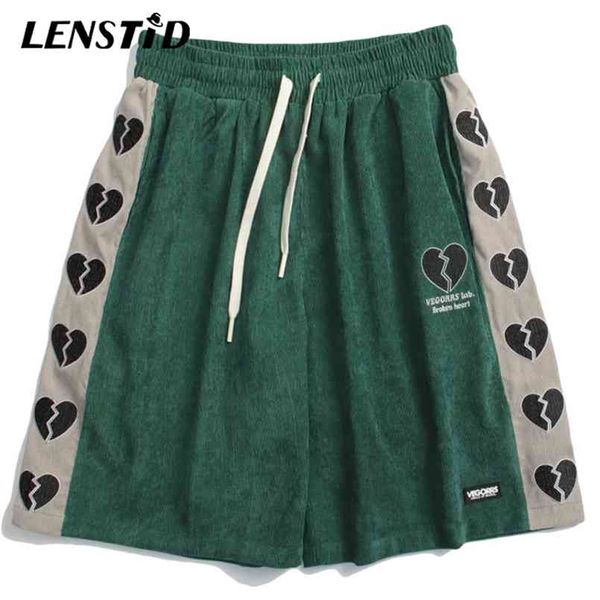 LENSTID Été Hommes Shorts En Velours Côtelé Hip Hop Côté Coeur Brisé Patchwork Harajuku Streetwear Casual Baggy Pantalon Court Homme Pantalon 210716