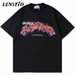 LENSTID été hommes surdimensionné à manches courtes t-shirts Hip Hop foudre lettre imprimer 2022 Streetwear Harajuku décontracté couverture en coton t-shirts G1217