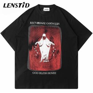 LENSTID Été Hommes Surdimensionné À Manches Courtes T-shirt Hip Hop Style Foncé Fantôme Imprimer Streetwear Harajuku Casual Couverture En Coton T-shirts 220610