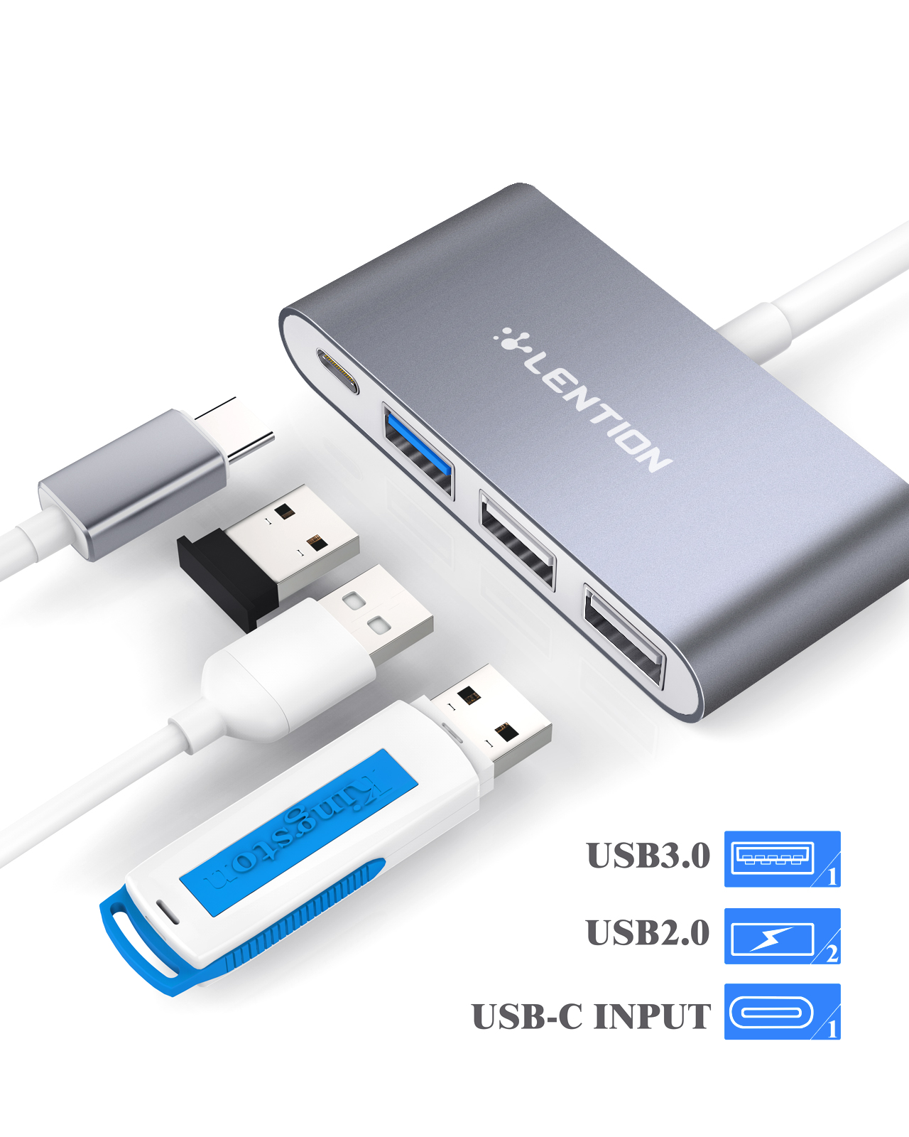 LENTION Hub USB-C 4 en 1 avec type C, USB 3.0, USB 2.0 compatible 2023-2016 MacBook Pro 13/14/15/16, nouveau Mac Air/Surface, ChromeBook, adaptateur de connexion de charge multiport