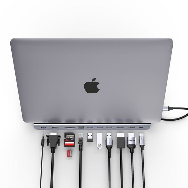 Estación de acoplamiento USB C LENTION con PD de 100 W, HDMI/DisplayPort 4K, VGA, Ethernet, lector de tarjetas, adaptador USB 3.0/2.0Aux para MacBook Pro 2016-2023, nuevo Mac Air/Surface/Steam Deck, más