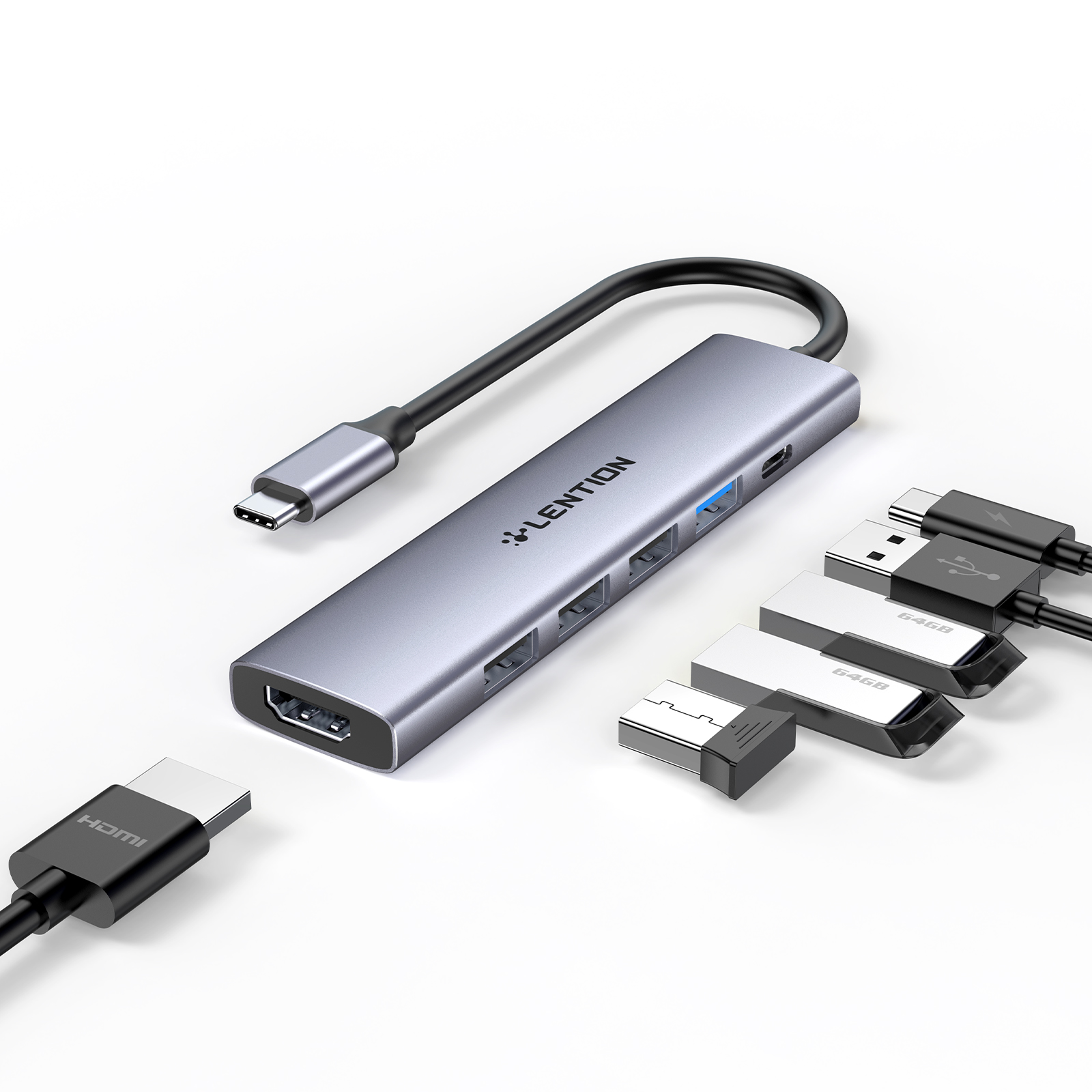 LENTION USB-C-Hub-Multiport-Adapter mit 100 W PD-Aufladung, 4K HDMI, 4 USB-A-Datenanschlüssen, Typ-C-Hub für MacBook Pro 2023–2016, neues Mac Air/Surface, Chromebook, iPhone 15 Pro/Pro Max