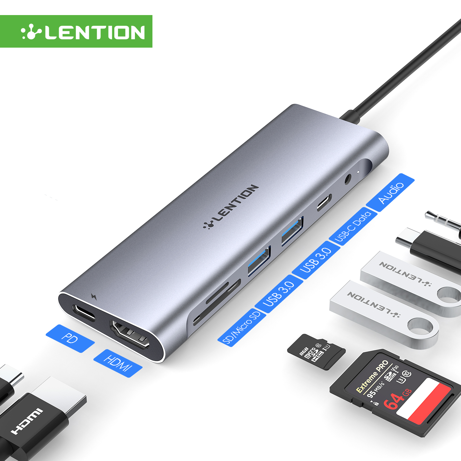 Lention USB C Hub Type-C Docking Station Long Cable USB 3.0 4K HDMI Card Reader Charging Adapter MacBook Pro Air Laptop Splitter