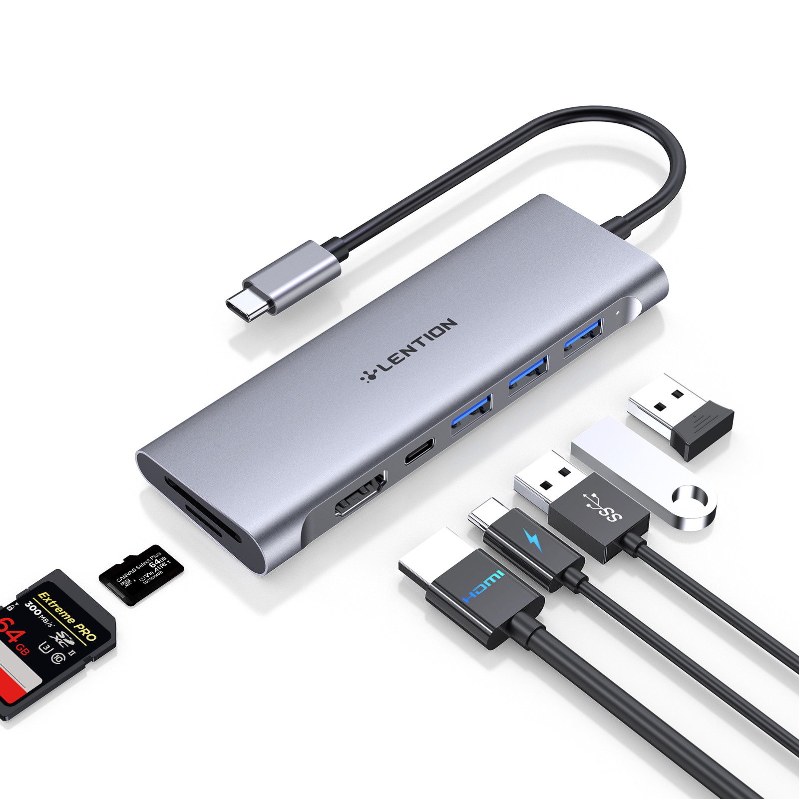 4K HDMI、3 USB 3.0、SD/Micro SDカードリーダー、100W PD互換2023-2016 MacBook Pro、New Mac Air、その他のタイプCデバイス、安定したドライバーアダプターを備えたLENTION USB Cマルチポートハブ
