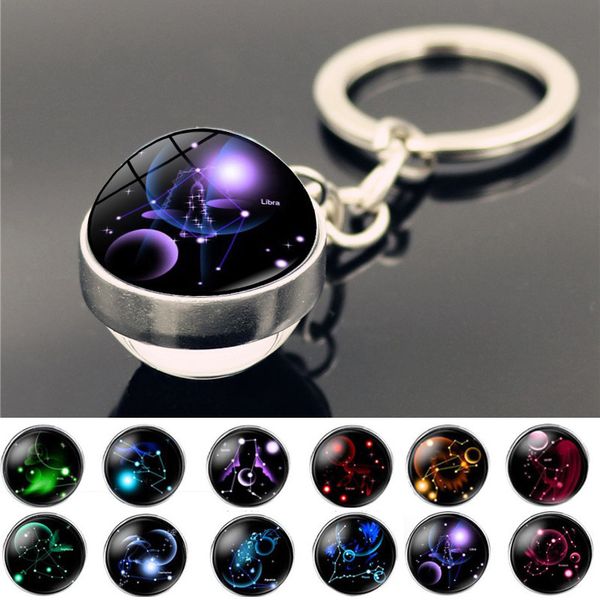 Leo Libra Tauro Escorpio 12 Constelación Colgante Llavero Geometría Bola de cristal de doble cara Soporte para llavero de coche para regalo unisex