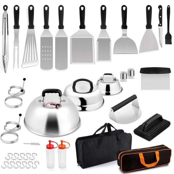 Leonyo Accesorios Juego de 27, Espátulas de Metal para Parrilla de Acero Inoxidable Resistente para Cocinar Teppanyaki con Parte Superior Plana de Hierro Fundido, Prensa para Hamburguesas, 3 para derretir