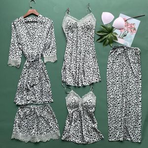 Leopard 5pcs pyjamas Set Femmes Summer Satin Sleeping Minking Silky Soft Kimono Bather