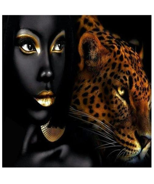 Leopard et femmes africaines lèvres sexy canevas peinture à l'huile abstraite affiche d'animaux imprimés muraux images pour la chambre à vivre moderne ho7238682