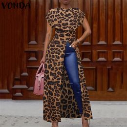 Leopard blouse dames tuniek vonda zomer tops vintage long shirts kantoor vakantie split zoom feest tops plus size blusa t200320