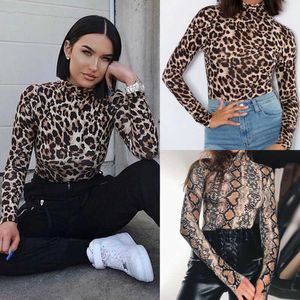 Leopard Bodysuit voor Vrouwen Sexy Bodycon Skinny Body Pak Turtleneck Lange Mouwen Playsuit Gedrukt Romper Jumpsuits Y0927