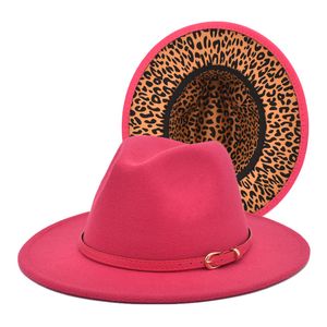 Luipaard bodem lapwerk fedora hoeden met hete roze riem kerk hoeden vrouwen elegant feest tophoed mannen cowsboy panama vilt cap