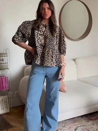 Leopard Bow Lace Up Women Shirts Blouses Loose Loose Solide Puff Sheve Top Top Spring Summer Cropped Lady Streetwear 240326