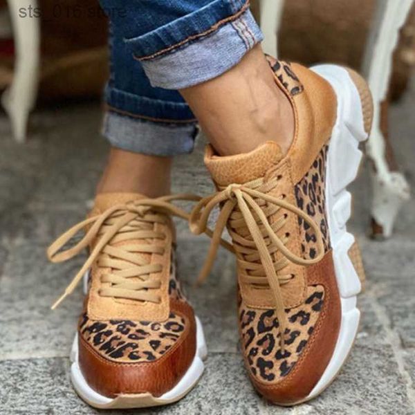Léopard Casual Robe Women Sneakers Comfort Plateforme Lace Up Femme Walk Fashion Round Toe Matching Color Ladies Sports 7548
