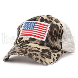 Leopard Criss Cross Ponytail Hats American Flag Borduurwerk Gewassen Netto Caps Verenigde Staten Onafhankelijkheid Dag Hoed Dames Camouflage Baseball Cap Cyz3187