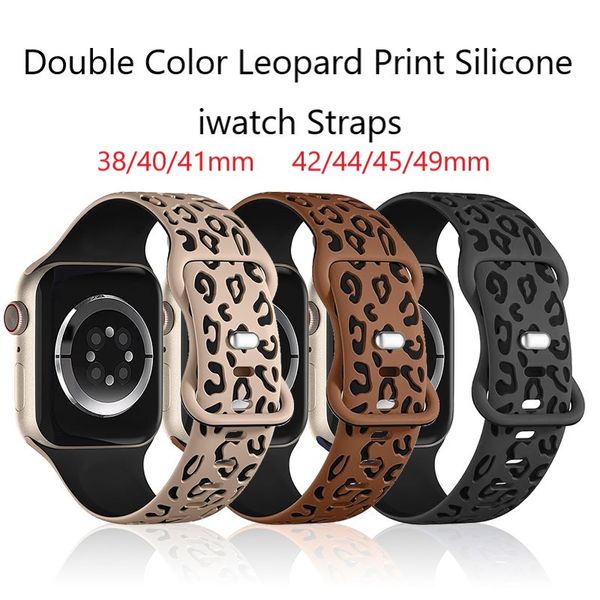 Bratiques en silicone gravées léopard pour Apple Watch Band 45 mm 44 mm 42 mm 41 mm 40mm 49 mm 38 mm Double couleur bracelets pour ultra 9 8 7 6 5 4 3 se