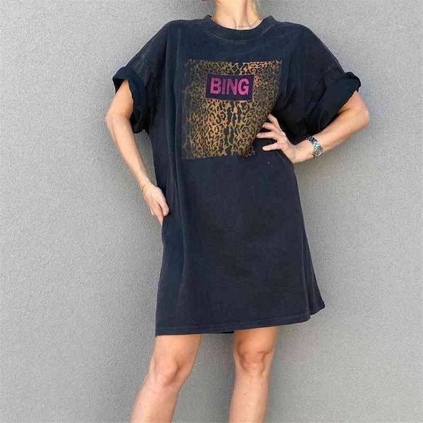 Leopard Faded Graphic Tee Dress Femme Manches Courtes Col Rond Coton Long Tshirt Casual Vintage Lavé Noir Boho T-Shirts 210722