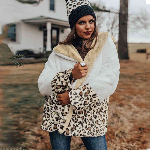 léopard fausse fourrure ours en peluche manteau veste femmes vintage fuffy hiver chaud manteau pardessus streetstyle manteau outwear 210415