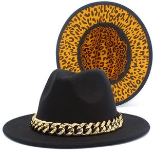 Leopard Fedora Hat with Chain Panama Jazz Hats Fedoras Women Men Top Cap Patchwork Caps Autumn Winter Fashion Accessories