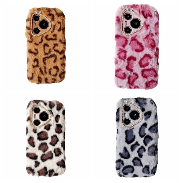 Léopard Grain Rabbit Hair Cases Plance pour Huawei Pura 70 Pro 70 Fashion Luxury Bling Diamond Génécale Fluffy Fur Fuzzy Girl Soft Tpu Gel Couvre-Mobile Téléphone Mobile Skin