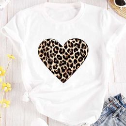 Damen-T-Shirt mit Leoparden-Herz-Aufdruck, kurzärmelig, Rundhalsausschnitt, lässiges Oberteil für Frühling und Sommer, Damenbekleidung, weibliche Tops, T-Shirts