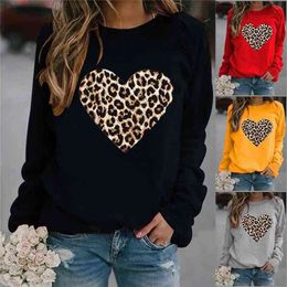 Leopard Heart Gedrukt Hoodie Fleece Lange Mouw O Hals Losse Sweatshirt Meisjes Hoodie Pullovers Winter Herfst 210809