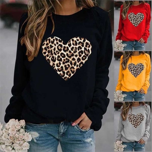 Leopard Heart Heart Woodie Fleece manga larga o cuello sudadera suelta sudadera con capucha de chicas invierno 211220