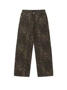 Leopard jeans voor vrouwen denim broek hoge taille baggy y2k los streetwear rechte vracht casual volledige lengte 240403