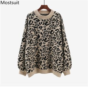 Leopard gebreide trui pullover vrouwen herfst winter lange mouw O-hals oversized losse Koreaanse casual mode tops truien 210518