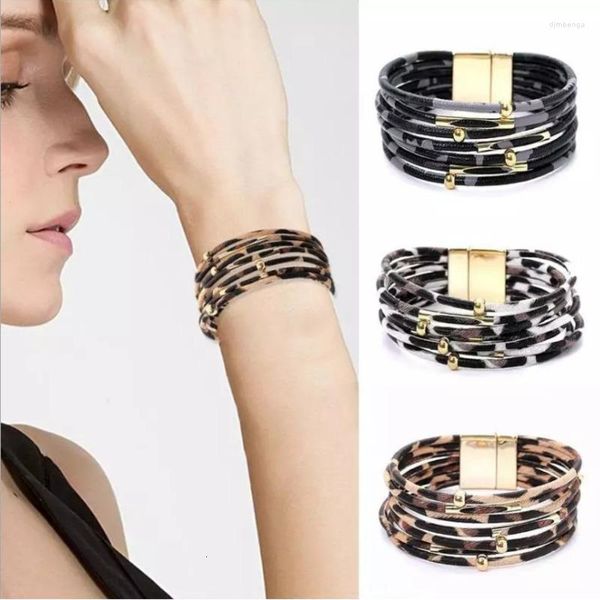 Léopard En Cuir Cuivre Tube Perles BraceletsBangles Pour Femmes 2022 Mode Alliage Aimant Boucle Bracelet Multicouche Bijoux Charme Bracele