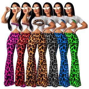 Luipaard lip geprinte vrouwen tracksuit korte mouw o-neck t-shirt tops en bel-bodem broek broek 2-delige pak mode lippen t shirt outfit show je figuur