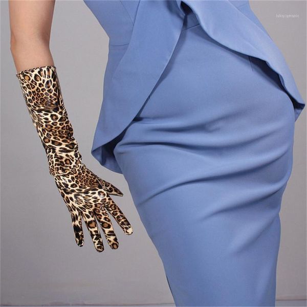 Cinq doigts gants léopard Long 40 cm en cuir verni émulation PU marron clair guépard Animal motif femme PU251