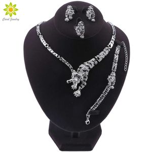 Ensemble de bijoux léopard panthère pour femmes, ensemble de bijoux en émail cristal strass, collier, boucles d'oreilles, Bracelet, bague, bijoux de fête H1022