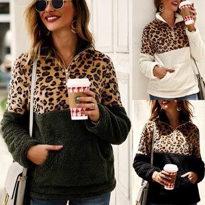 Leopard Patchwork Rits Warm Fleece Slanke Top Dames Herfst Winter Sweatshirt Streetwear Revers Lange Mouw Casual Hoodies Casual 210507