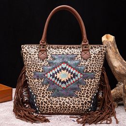 Sac fourre-tout à motif léopard nouveau style sac à main en toile florale aztèque sac à bandoulière à franges tendance pour femmes sacs à bandoulière géométriques à fermeture éclair