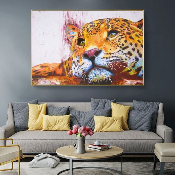 Peinture sur toile avec images de léopard, affiches et imprimés d'animaux abstraits colorés, Art mural pour salon, décoration de la maison, 264x