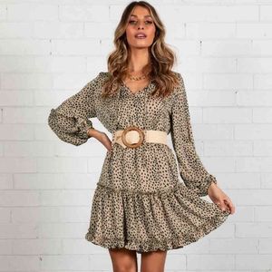 Leopard polka dot jurk vrouwen herfst winter ruche korte jurk lace up front elegante dames lange mouw jurk 210415