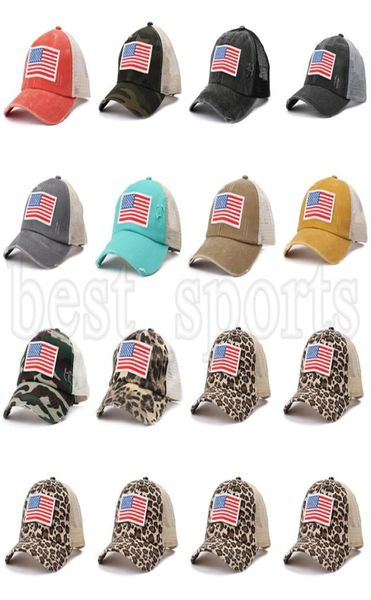 Chapeaux de queue de cheval de léopard broderie de drapeau américain Caps de filet lavés USA Independence Day Hat Women Camouflage Baseball Cap Cyz31877519758