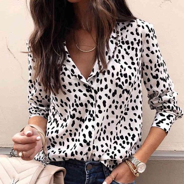 Estampado de leopardo otoño invierno blusa camisa mujer casual señoras oficina tops blanco negro vintage blusa mujer talla grande 210415