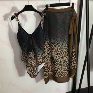 Bikini con estampado de leopardo, falda de playa, traje de baño de una pieza con tiras, traje de baño Retro para mujer, faldas, conjunto de dos piezas