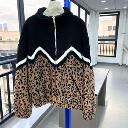 Veste en laine d'agneau à imprimé léopard, avec col montant et clip en coton, veste épaisse