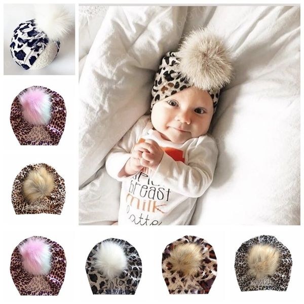 Chapeau imprimé léopard avec mignon boule de poils nouveau-né infantile bambin casquette de couverture Turban brillant bébé filles chapeaux accessoires Photo