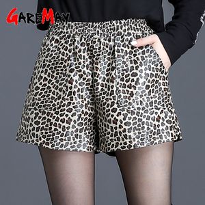 Luipaard print hoge taille lederen shorts vrouwen herfst en winter losse wijde pu broek groot formaat elastische 210428