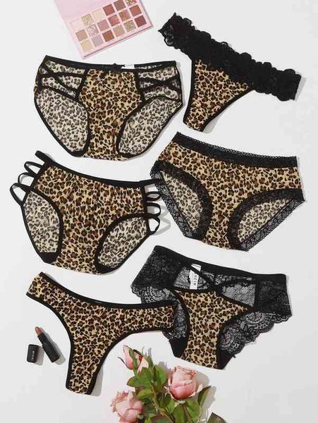 Estampado de leopardo ahueca hacia fuera los calzoncillos de encaje medianoche sexy seducción encanto ropa interior divertida conjunto de seis piezas 211201