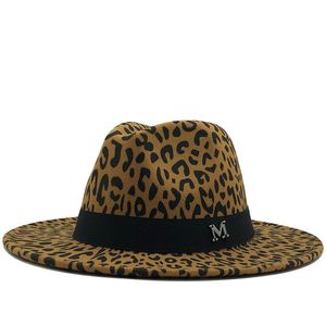 Leopard print jazz tophoed met m lint brede runder fedora kerk hoeden vrouwen elegante fascinators feest hoed herfst winter vilt pet
