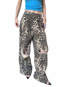 Jeans met luipaardprint voor dames Wijde pijpen, hoge taille, groot gat, losse baggy, Koreaanse Fi denim broek, Y2K, gescheurde jeans, 61IL #