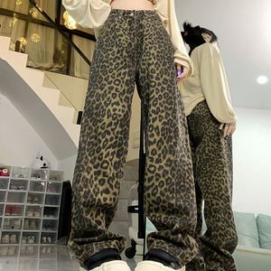 Jeans met luipaardprint, dames herfst en winter, Amerikaans retro-design, gevoel voor niche, losse casual broek met rechte pijpen en wijde pijpen