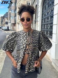 Luipaardprint Lace Up Shirt Women Puff Short Sleeve Hollow Out O-Neck Blouse 2024 Summer Female Fashion Tops Streetwear 240506