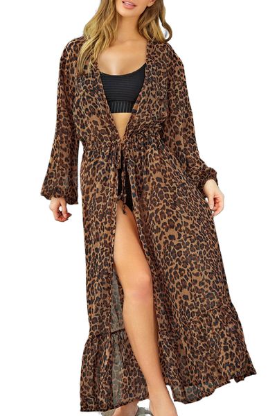 Imprimé Léopard Ouvert Devant Long Kimono Beachwear Beach Cover Ups Pour Femmes