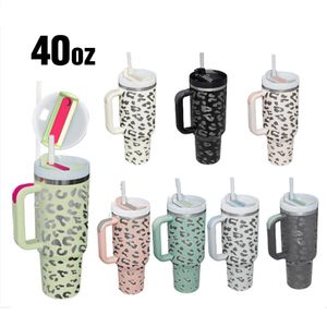 Vaso reutilizable con estampado de leopardo de 40 oz con asa y pajita Taza de viaje con aislamiento de acero inoxidable Vasos con aislamiento Vasos para mantener la taza de bebidas