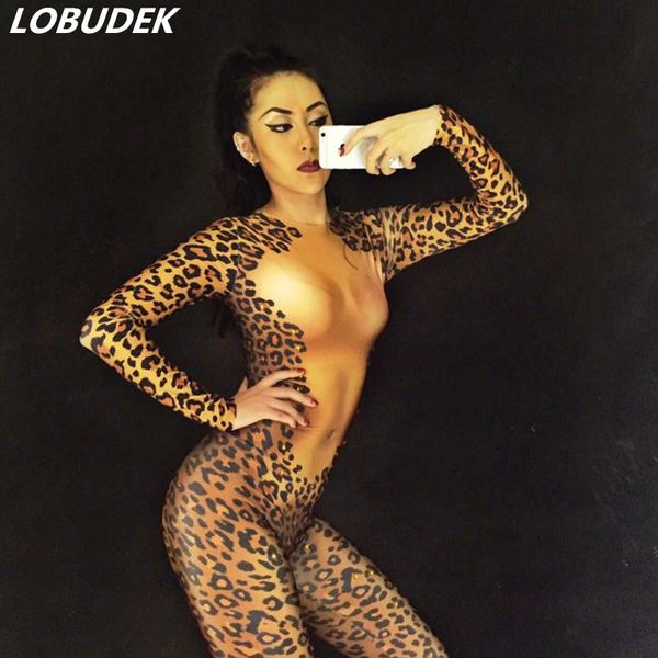 Mono ajustado sexy con estampado de leopardo para mujer, peleles para espectáculo, escenario, disfraces de mujer, club nocturno, bar, fiesta, cantante y estrella